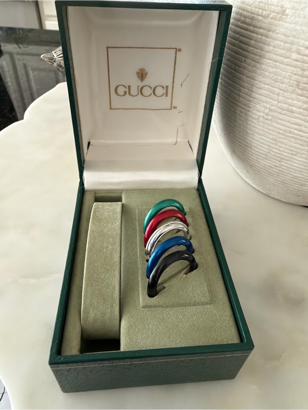 Gucci Multicolor Enamel Men's Ring Set - Black, Blue, Green, Red, Silver, White